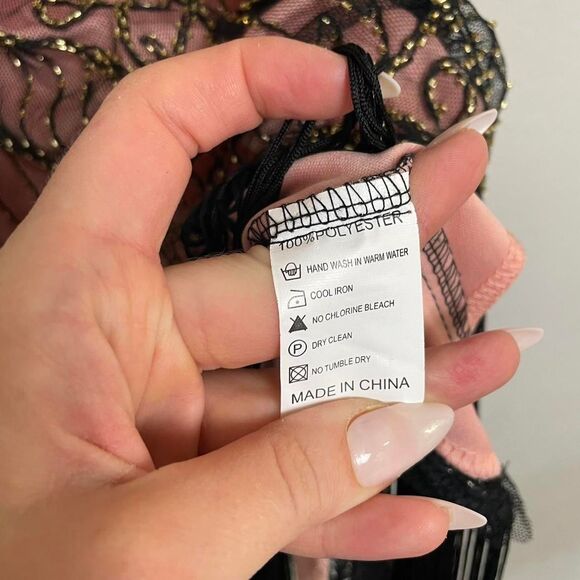 Beaded Pink Black Flapper Dress Fringe Vintage Gold Sequins Bias Cut Size M - Picture 7 of 8